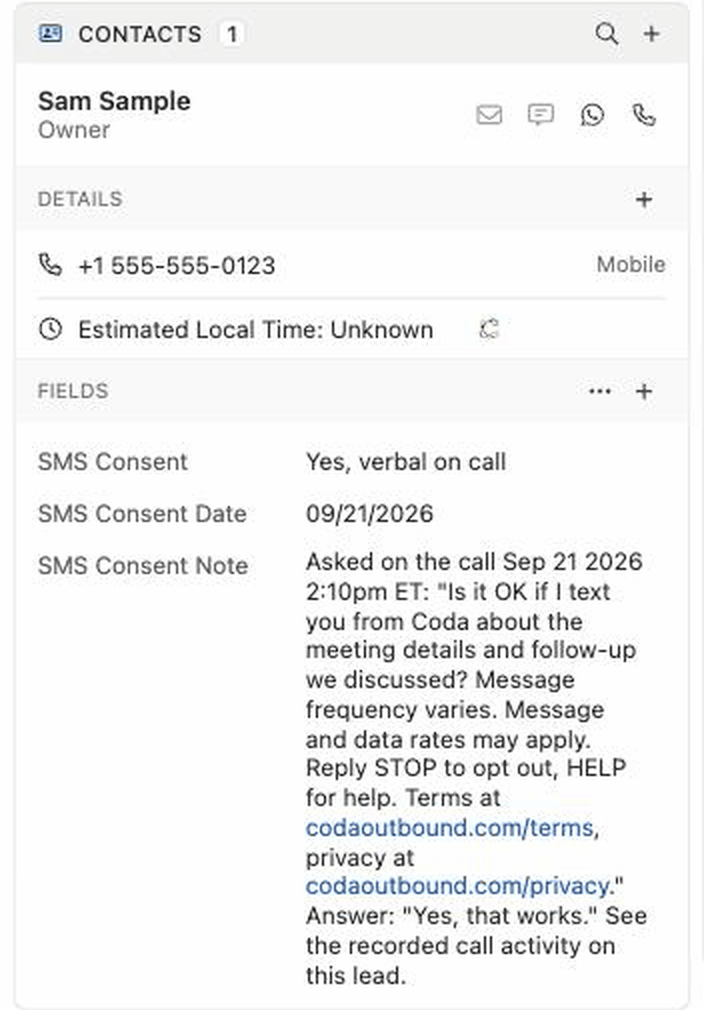 Close CRM contact record showing the SMS Consent, SMS Consent Date and SMS Consent Note fields filled in after a call