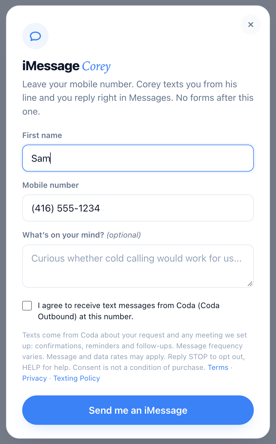 The iMessage / text Corey form on codaoutbound.com with the consent checkbox and disclosure shown next to the mobile number field